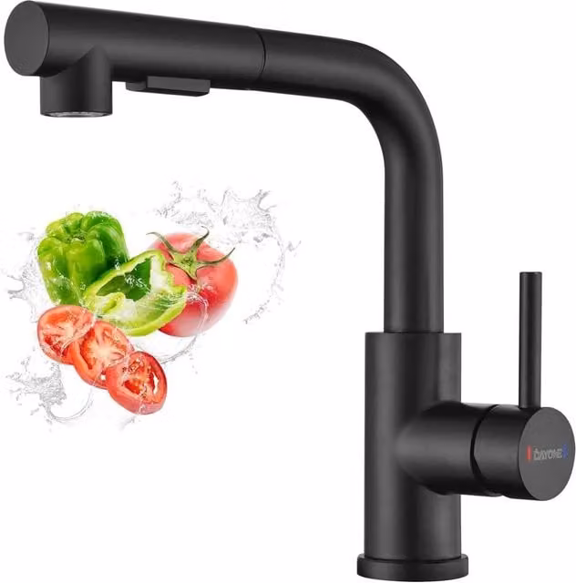 Dayone Sleek Stainless Steel Kitchen Tap with Pull Out Spray and 360 Degree Swivel Function in Matt Black
