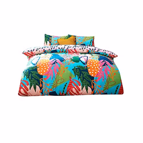 Riva Home Coralina Tropical Palm Reversible Floral Duvet Cover Set, Blue and Multicolour Polycotton, 200 x 200 cm