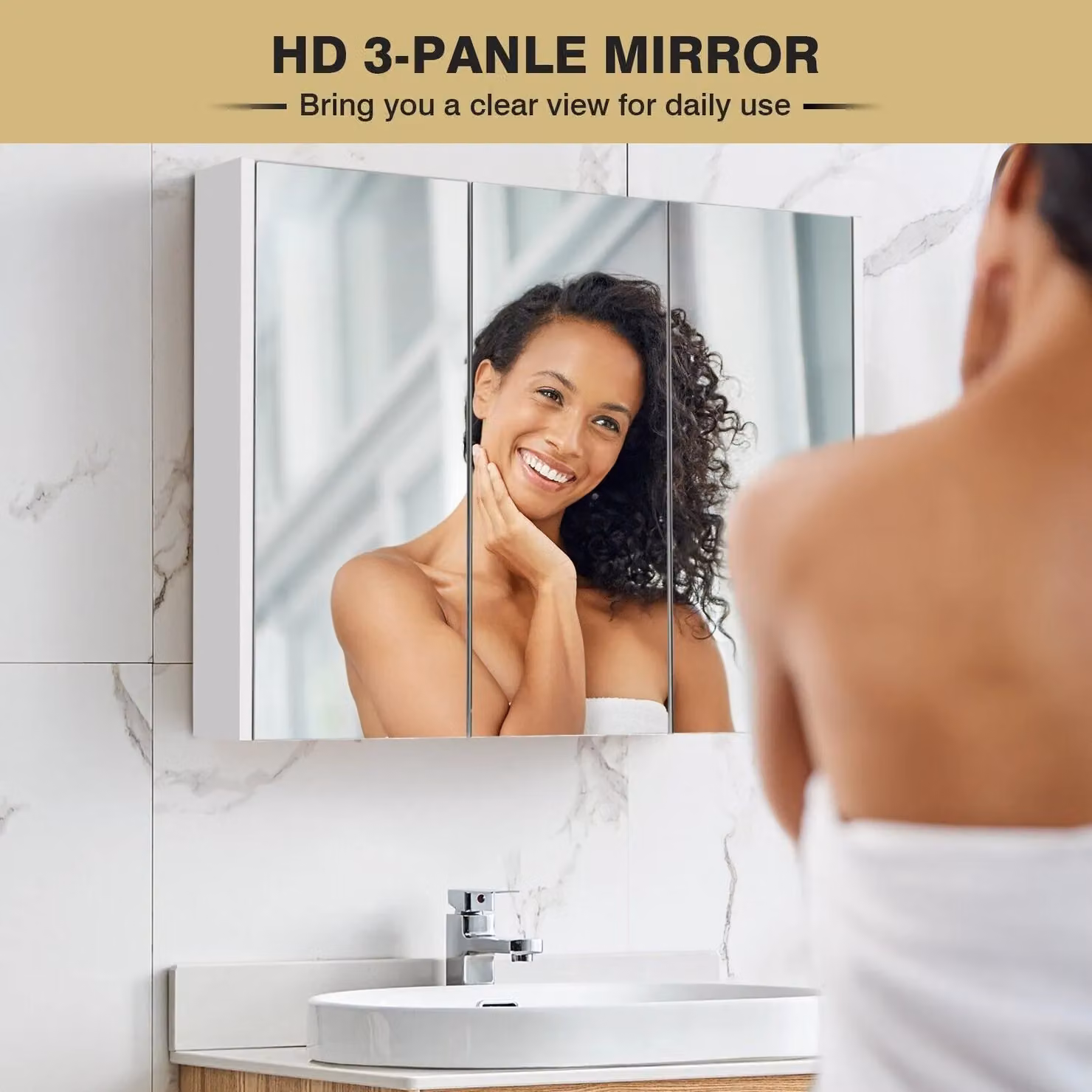 Costway Frameless Wall Mounted Bathroom Mirror Cabinet with 3 Hinged Doors in White – 4