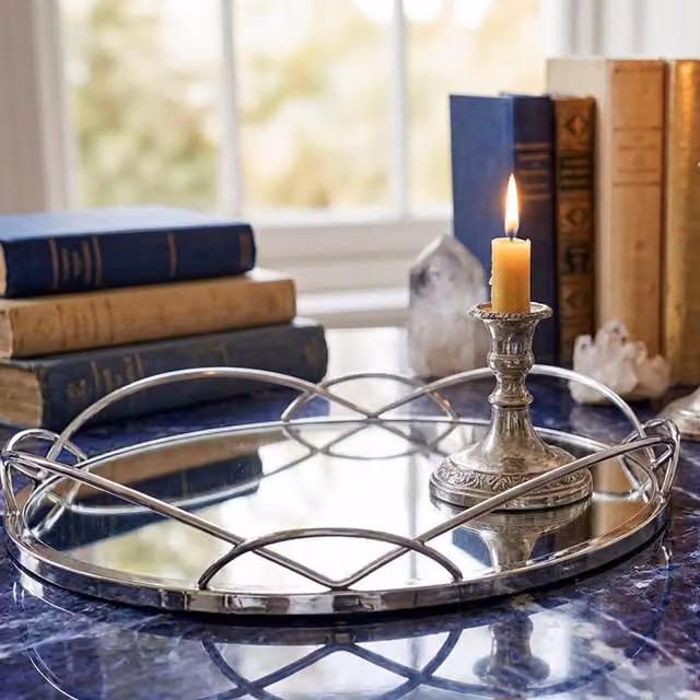 DEENZ Round Mirrored Decorative Tray in Silver with Glass and Metal
