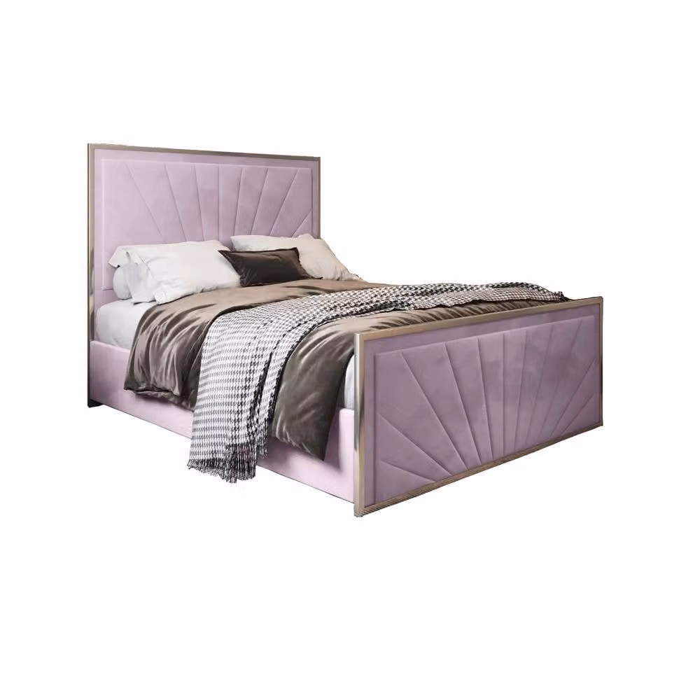 Casani Somerton Modern Upholstered Velvet Bed Frame in Pink with Metal Details, W/D/H: 140 x 200 cm – 3