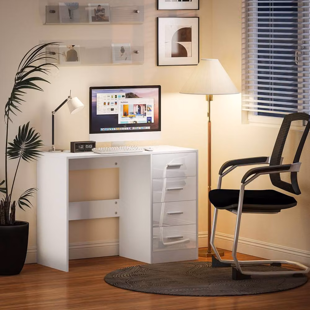 STILVORA Modern Writing Desk with Dual Pedestal and High Gloss White Finish – 7