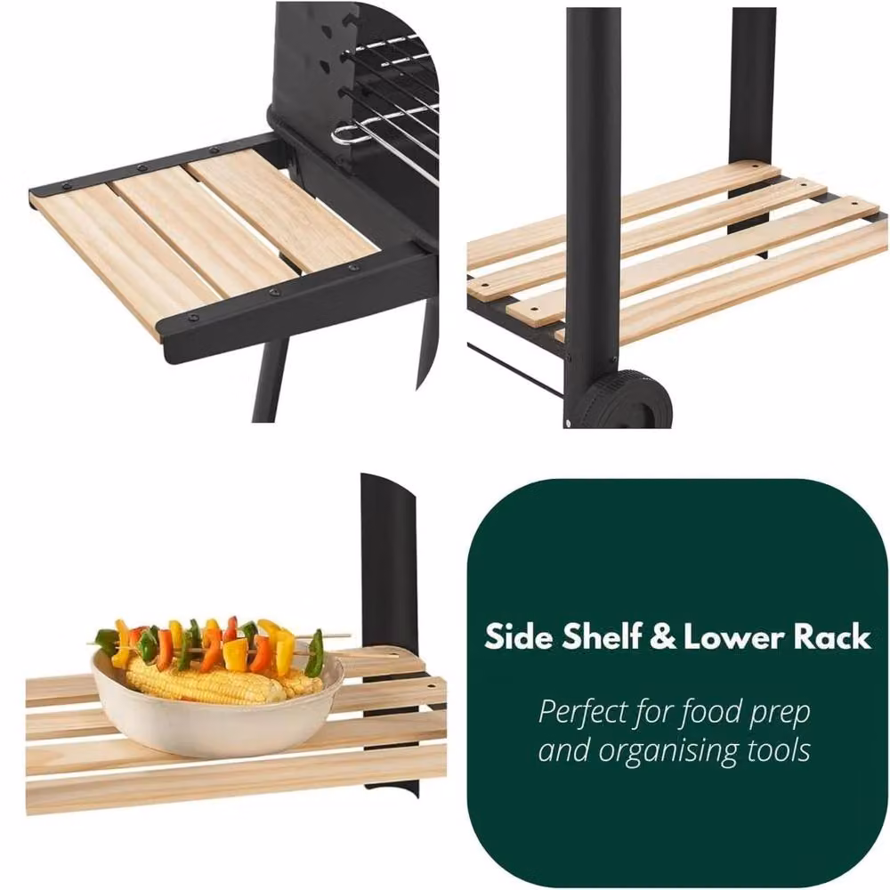 Marco Paul Garden Charcoal BBQ Grill with Wooden Shelf and Wheels in Black – 4