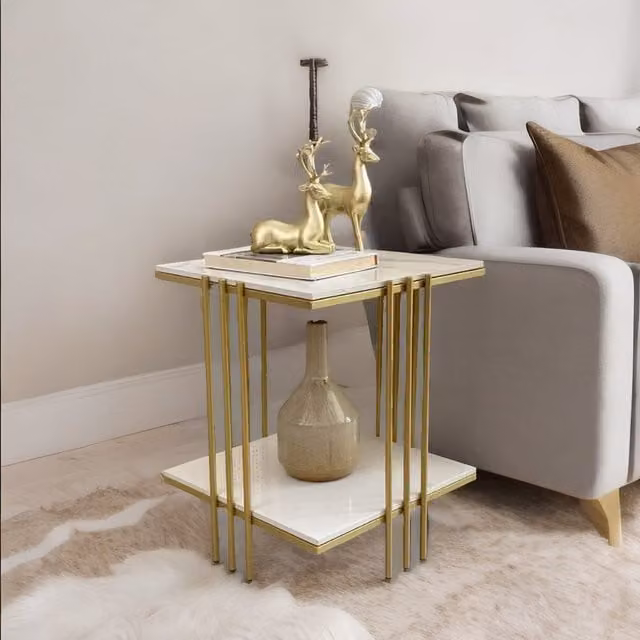 Pirlo Plush 2 Tier Square Faux Marble Side Table in Gold and White – 1