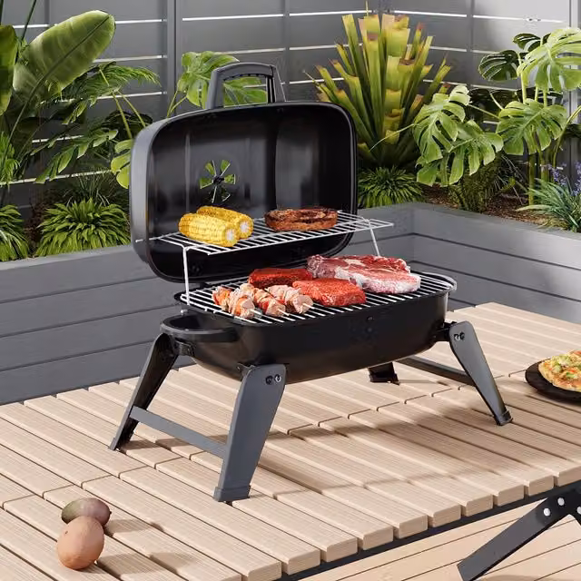 Komore Black Tabletop Portable Charcoal BBQ Grill with Metal Wire Mesh