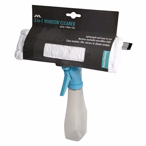 JVL 3 in 1 Microfibre Window Cleaner with Spray Bottle and Squeegee, Petrol/Grey