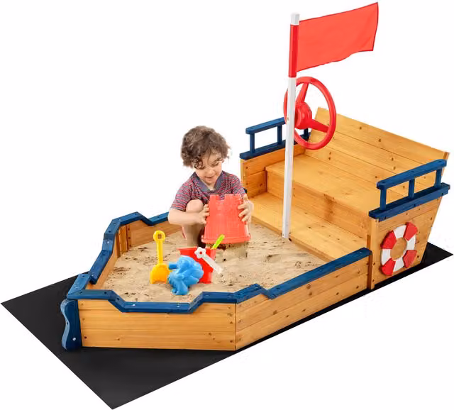 COSTWAY Kids Pirate Ship Sandbox Play Station in Brown Wood