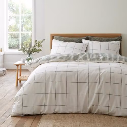 Bianca Brushed Regal Check Cotton Reversible Duvet Cover and Pillowcase Set, Green, W/D/H: 200 x 200 cm and 50 x 75 cm – 1