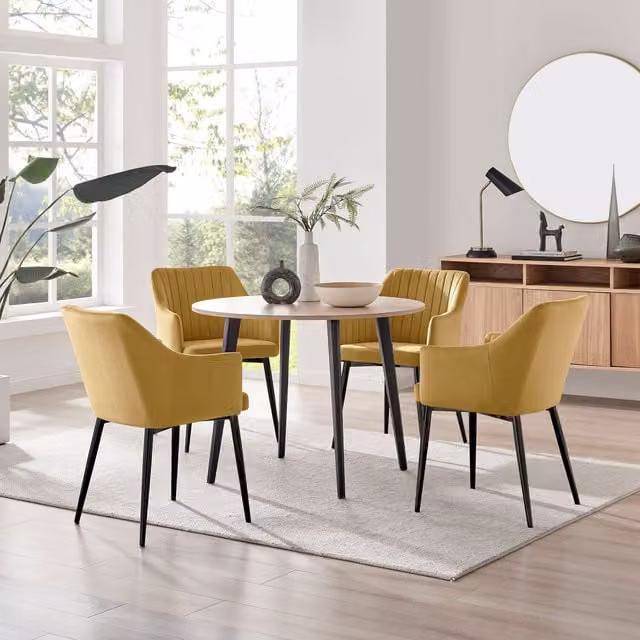 FurnitureboxUK Koko Oak Effect Round Dining Table and 4 Calla Mustard Dining Chairs with Black Legs
