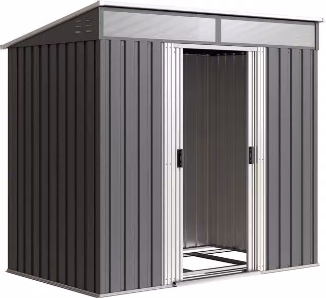 Outsunny Grey Metal Pent Garden Shed with Foundation and Lockable Sliding Doors, W/D/H: 184 x 122 x 181 cm