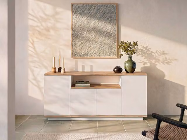 Vente-unique Lotula Buffet with 4 Doors and 1 Shelf in Light Oak and White, W/D/H: 180 x 44.5 x 75 cm