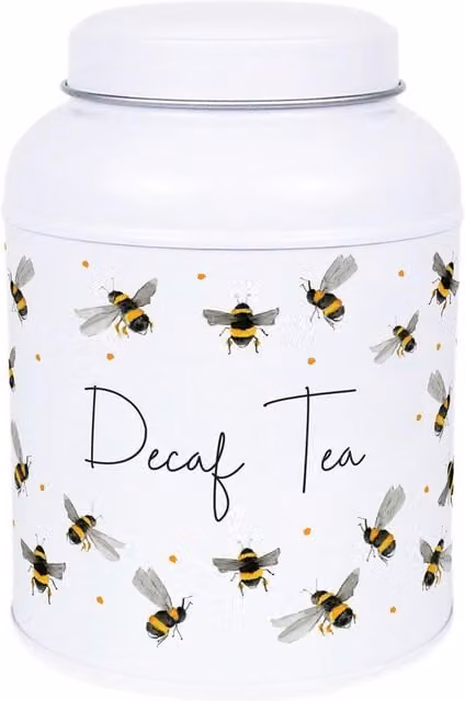 Purely Home Scattered Bees Decaf Tea Storage Tin with Small Dome Lid, White Floral Metal Canister
