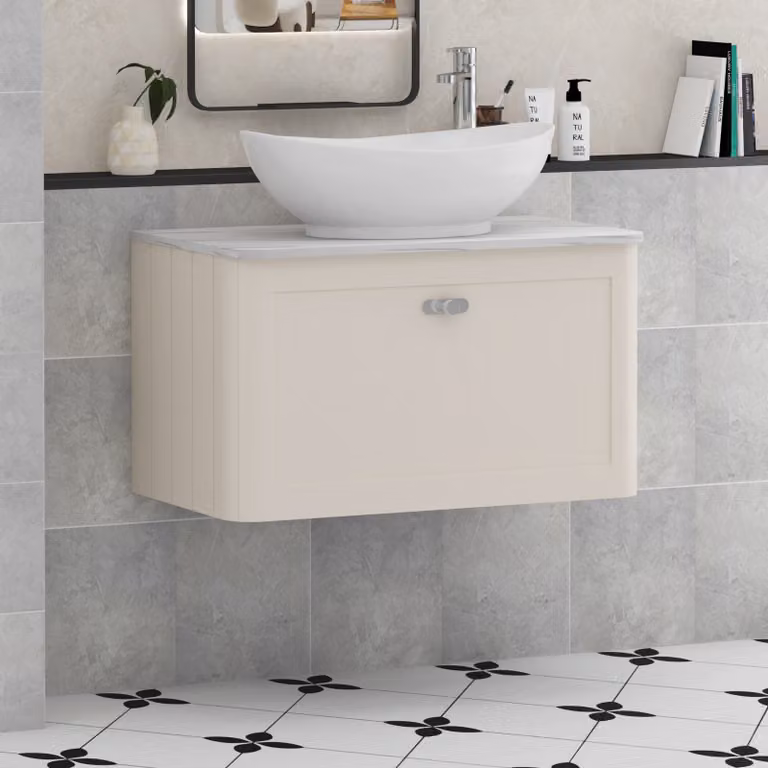 Royal Bathrooms Henley Wall Hung Vanity Unit with Amaze Basin and Chrome Knob, Mushroom Cashmere, Width: 80 cm