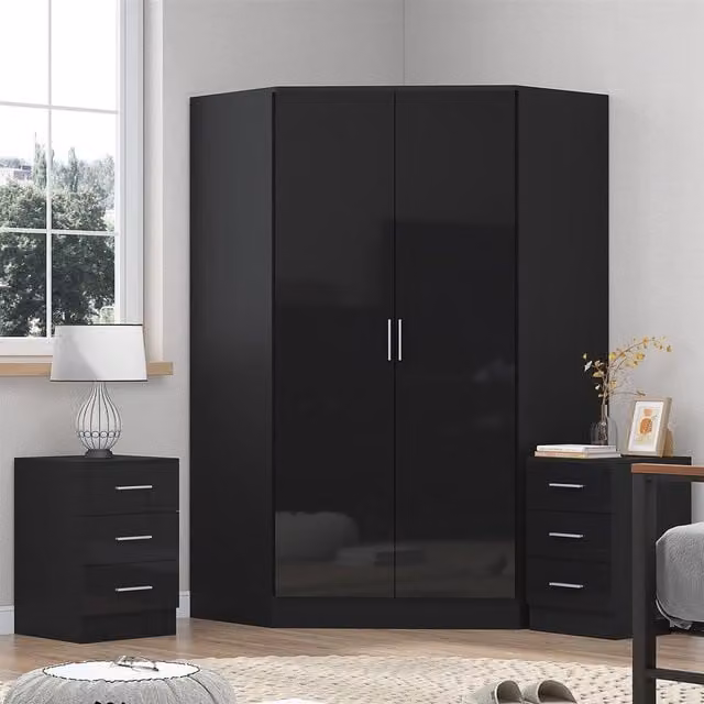 Reflect Modern Black Gloss Bedroom Set with 2 Door Corner Unit and 2x 3 Drawer Bedside Tables