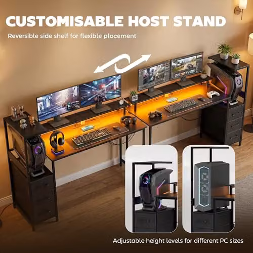 HOMCOM Black Gaming Desk with RGB Lighting and Adjustable Reversible CPU Stand, W: 147 cm, D: 76 cm, H: 75 cm – 4