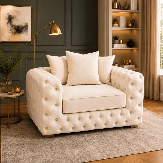 Stratus Interiors Ashley Chesterfield 2 Seater Scatter Back Upholstered Velvet Sofa in Beige – 1