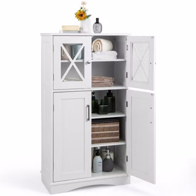 Gymax White Freestanding Bathroom Storage Cabinet with Glass Doors and Internal Shelves, Height: 108 cm – 1
