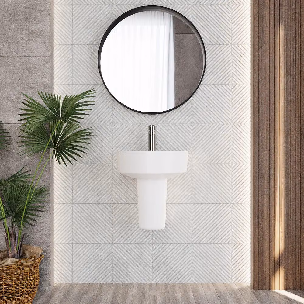 Balterley D-Shaped Ceramic Wall Hung Basin with Semi Pedestal, 1 Tap Hole, White, W: 42 cm, D: 38 cm, H: 45 cm – 2