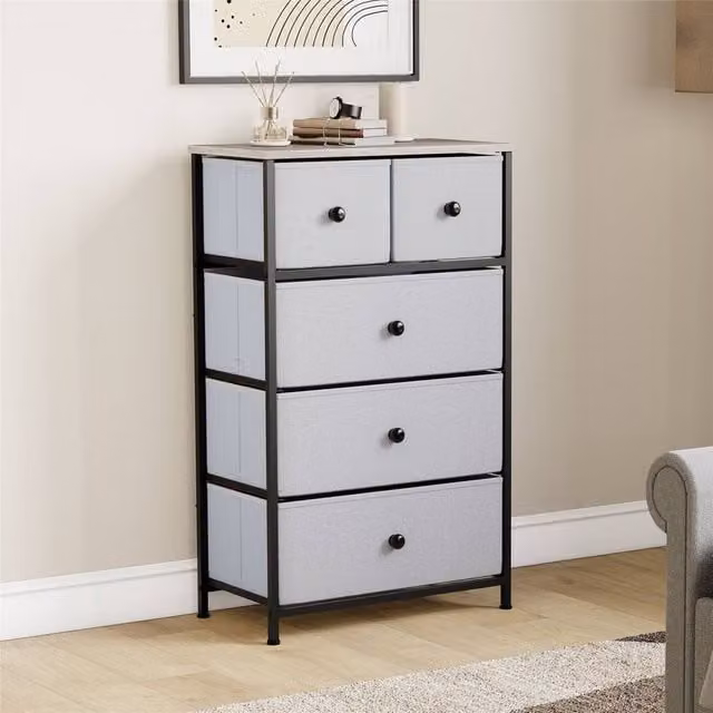 FORGEVIO Chorley 5 Drawer Chest of Drawers, Grey Fabric and Metal Tall Bedroom Storage – 1