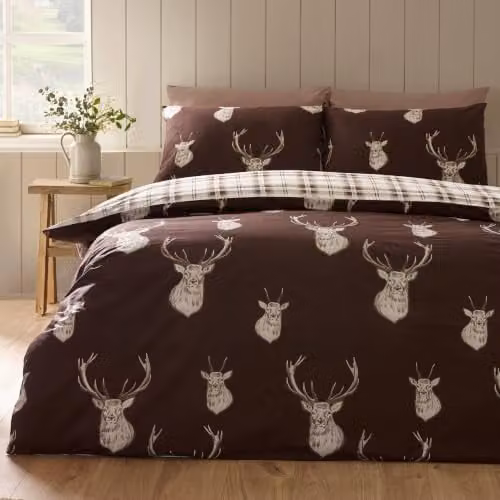 Catherine Lansfield Stag Check Reversible Double Duvet Cover Set, Chocolate Brown, Duvet Cover 200 x 200 cm and Pillowcase 50 x 75 cm