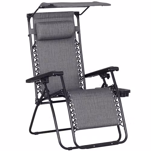 Outsunny Grey Zero Gravity Foldable Reclining Garden Chair with Sun Canopy, Adjustable Headrest and Side Tray – 1