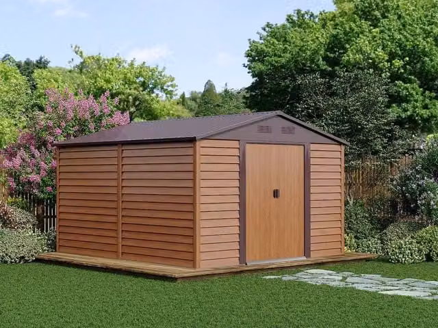 ARSEGO Wood Effect Galvanised Steel Garden Shed in Walnut, 11.75 m² – 1