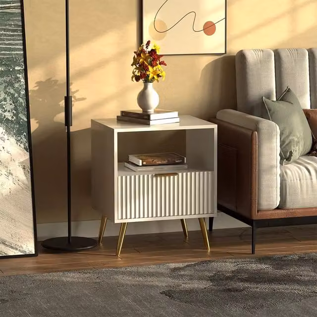 Hygrad Modern White and Gold End Table for Living Room or Bedroom, W/D/H: 60 x 40 x 40 cm