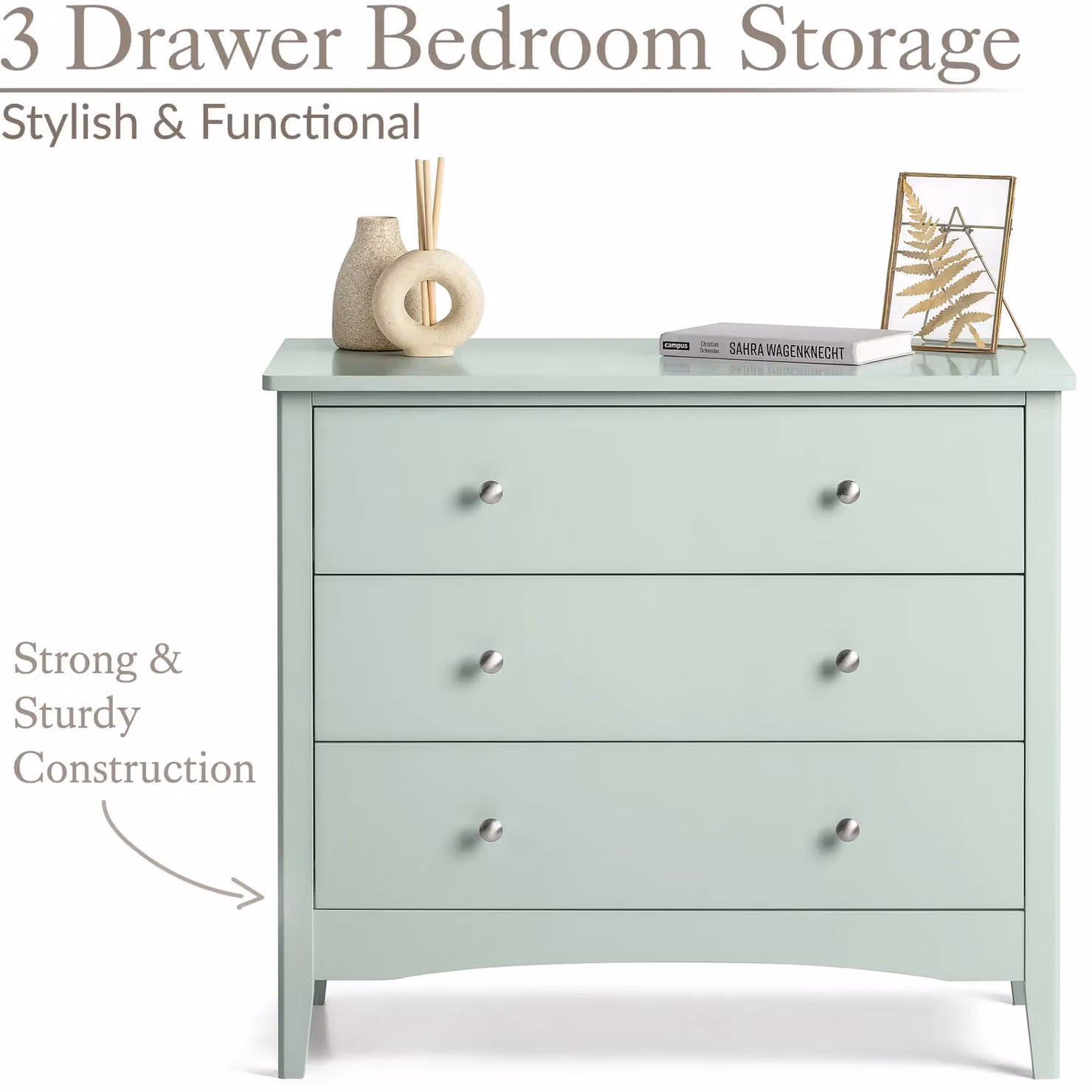 Christow Sage 3 Drawer Modern Chest of Drawers in Light Green, W/D/H: 80 x 40 x 70 cm – 2