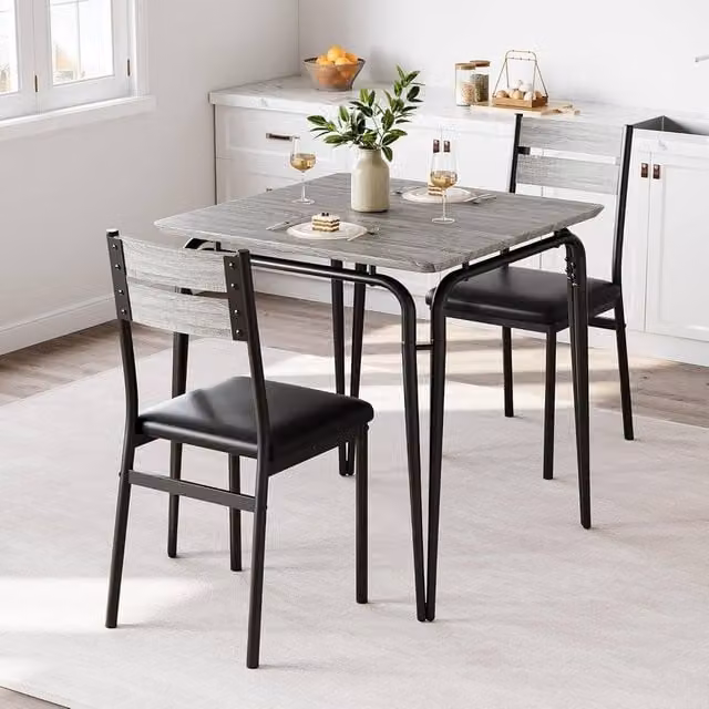 London Boutique 3-Piece Modern Wooden Kitchen Dining Table Set with 2 Grey Upholstered Chairs