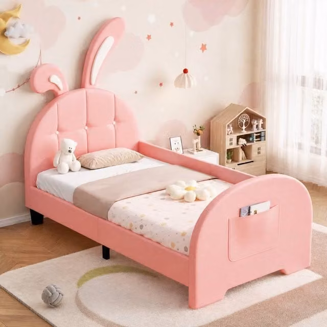 STILVORA 3ft Single Junior Bed Frame in Pink with Side Compartments