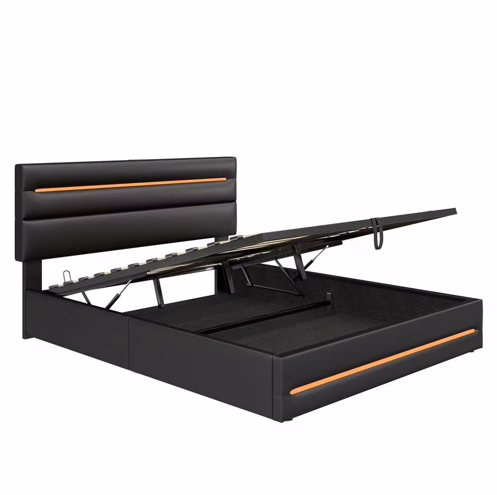 STILVORA King Size Ottoman Bed with Under-Bed LED Lighting and USB Charging Ports in Black – 3