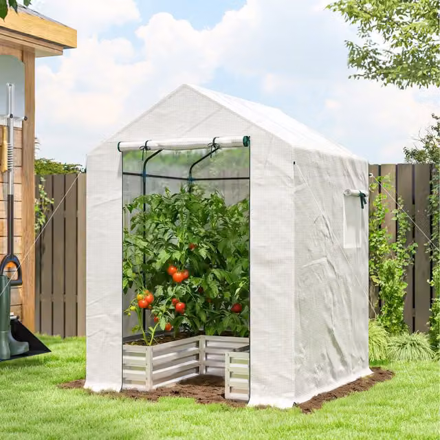 Outsunny Small White Greenhouse with Raised Garden Bed and Roll Up Windows