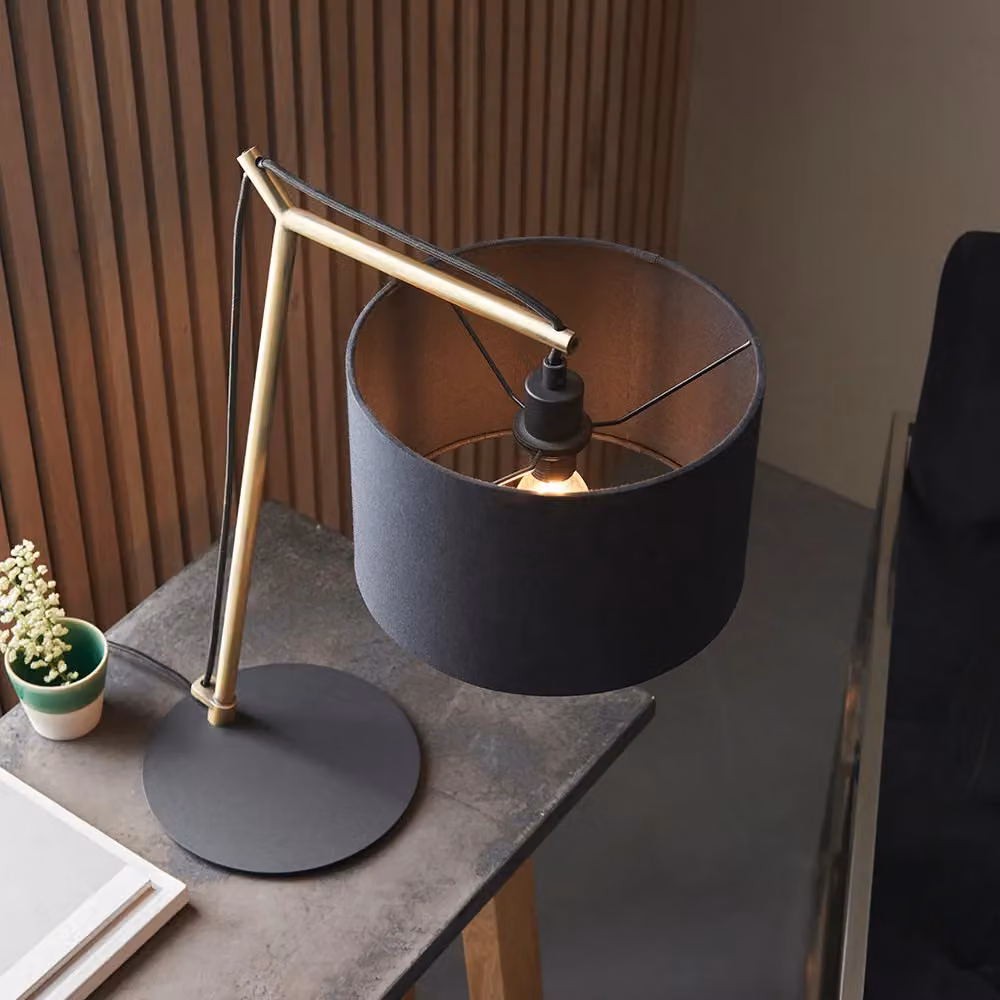 Loops Brass Plated Angular Table Lamp with Black Base and Fabric Shade – 3