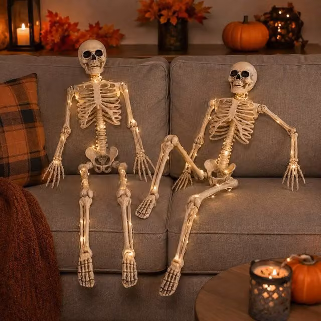 Marco Paul Set of 2 LED Light Up Poseable Halloween Skeletons in White
