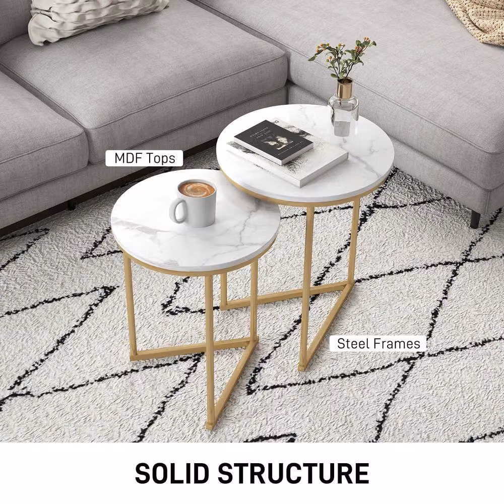 STILVORA Set of 2 Modern Nesting Tables with Gold Sled Bases and Round Marble-Effect Tops – 3