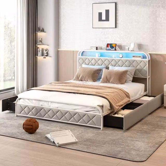 Costway Modern King Size Upholstered Faux Leather Platform Bed with Drawers and USB Charging Port, Grey, W/D/H: 180 x 200 cm – 1