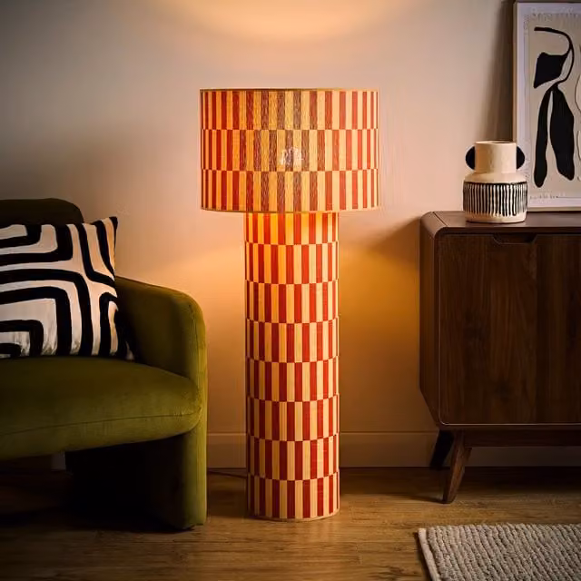ValueLights Lori Orange Checkerboard Print Bamboo Midi Floor Lamp