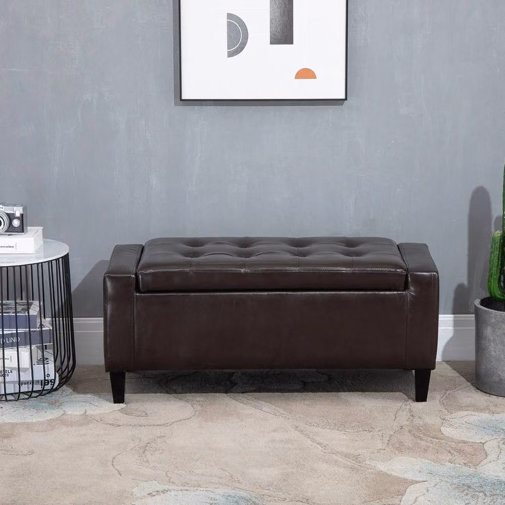 NESTLUNE PU Leather Storage Ottoman in Brown, W/D/H: 90 x 40 x 15 cm – 3