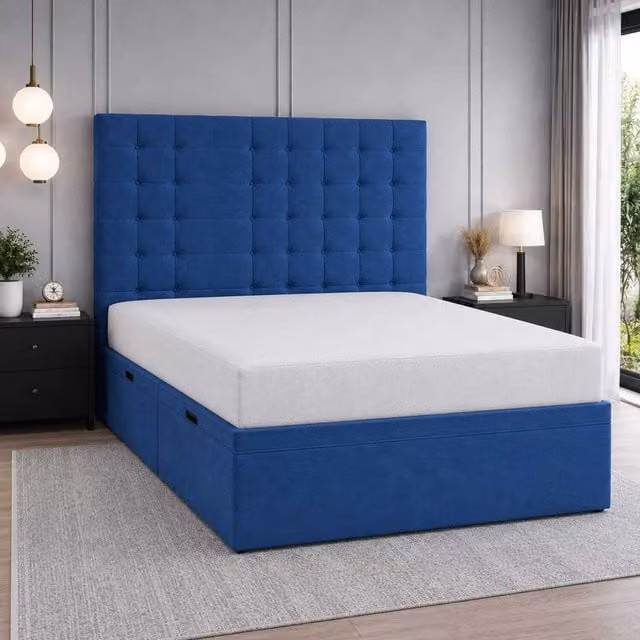 K Mehmood Enterprise Ltd Modern Blue Velvet Upholstered Storage Bed with Lift Up Base