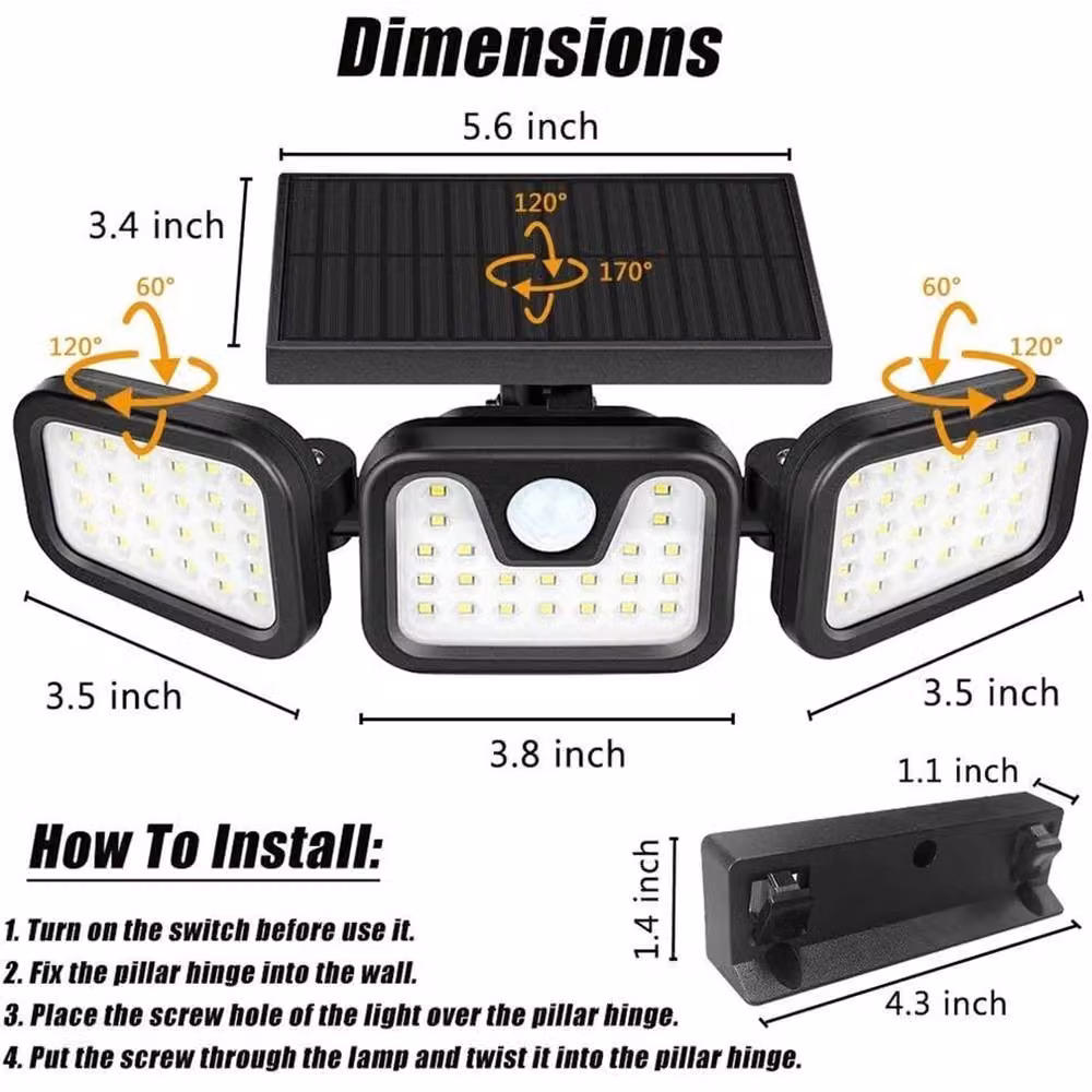 NESTLUNE Solar LED Security Floodlight with Adjustable PIR Motion Sensor in Black – 3