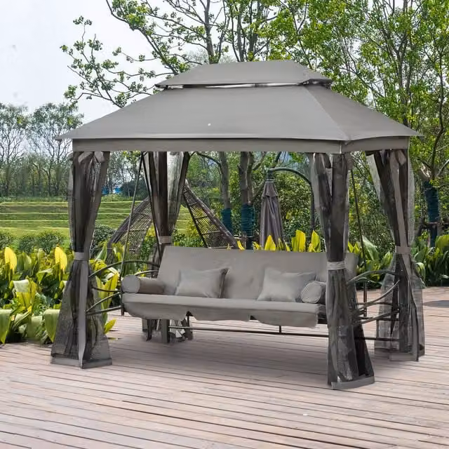 Outsunny 3 Seater Swing Chair Hammock with Sun Canopy and Cushions, Grey