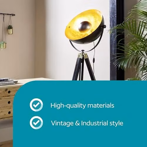 Eglo Covaleda Industrial Tripod Floor Lamp in Black and Gold/Brass, H 164 cm x W 55 cm x D 55 cm – 3