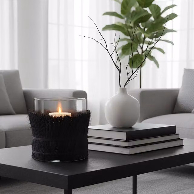 Orsina Modern Round Black Glass and Rattan Taper Candle Holder – 1