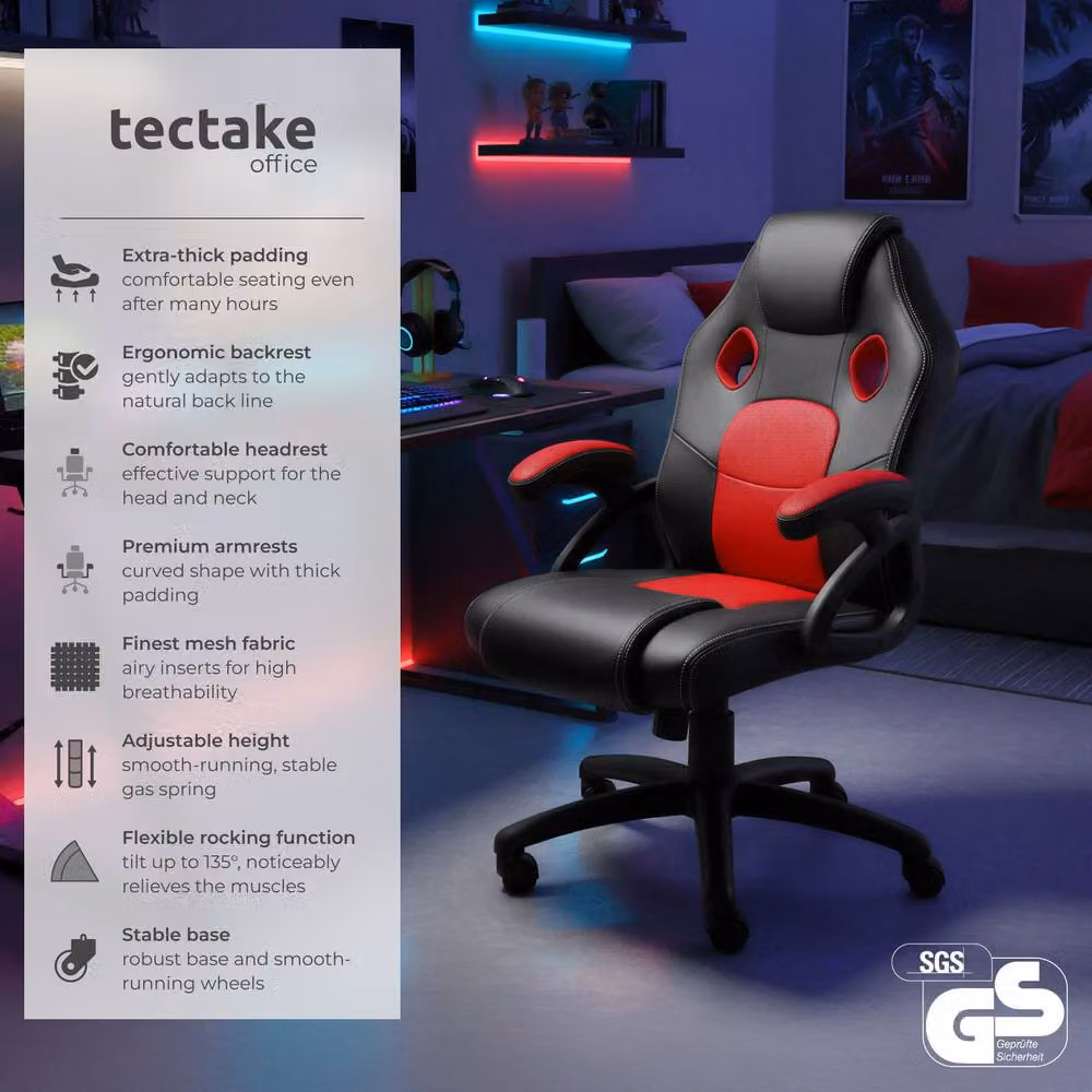 tectake Mike Gaming Chair in Red with Synthetic Leather and Fabric Finish – 2