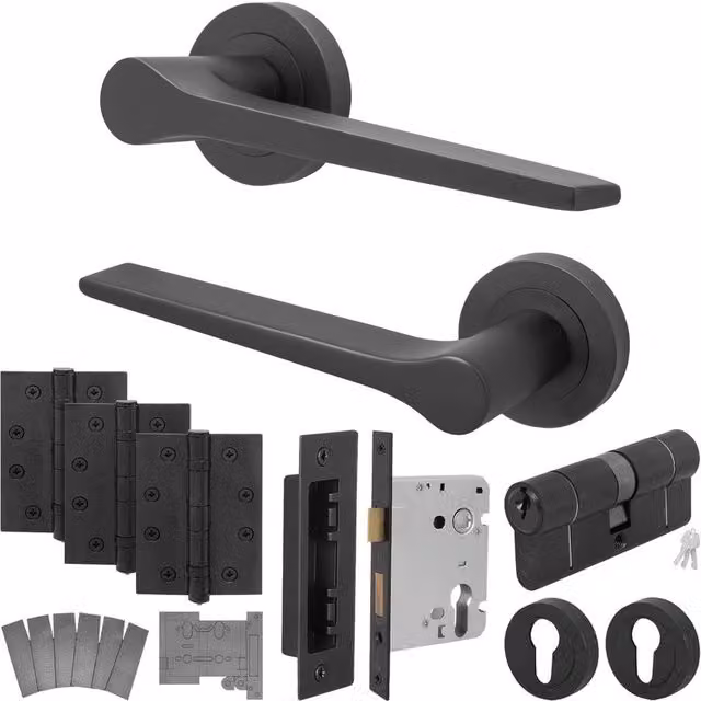 AFIT Black Aluminium Fire Door Handle Set with Euro Lock, Double Cylinder, and Hinges, W/D/H: 15 x 15 cm