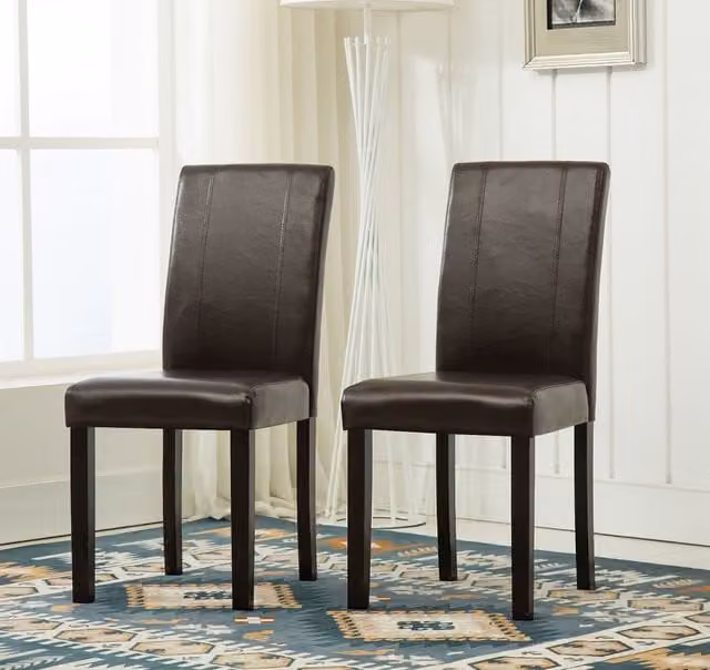 MCC Direct Set of 2 Modern Brown Faux Leather Dining Chairs with Wood Legs