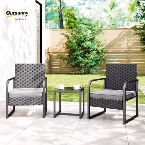 Outsunny 3 Piece Rattan Garden Bistro Set with Cushions in Black – 2