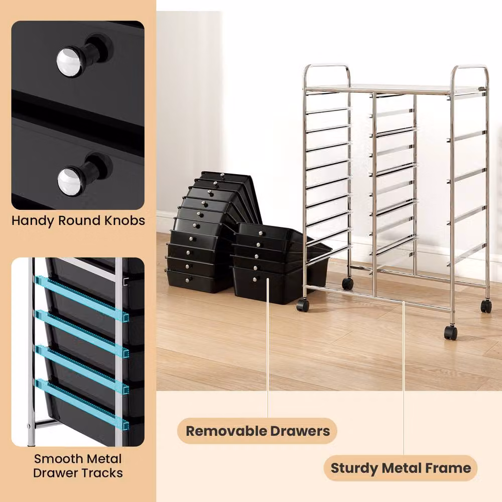 Gymax Art Craft Organizer Rolling Utility Cart with 15 Drawers in Black – 8