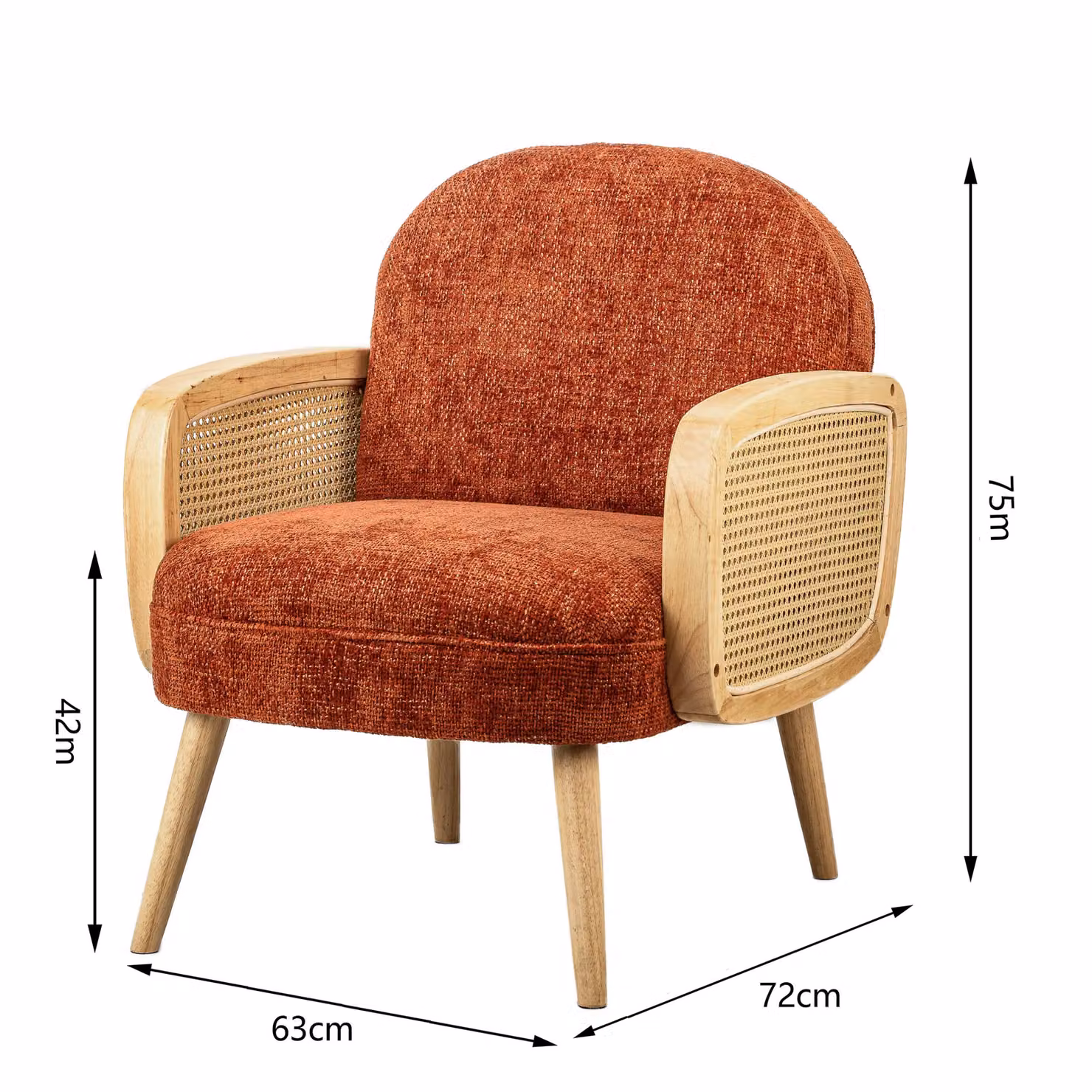 Nordlys Scandinavian Lounge Armchair with Red Fabric and Solid Wood Rattan Frame – 3