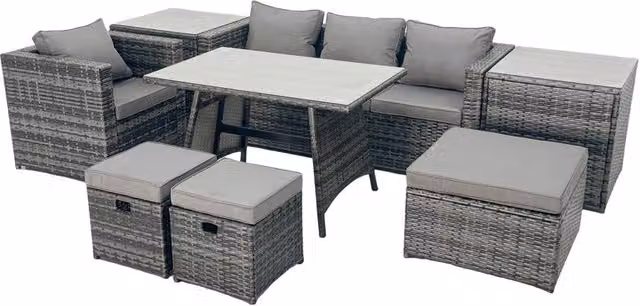 Fimous Rattan Dining Table and Sofa Set with 2 Side Tables and 3 Footstools in Dark Grey – 1